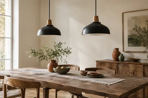 Deux suspensions noires avec détails en bois au-dessus d’une table de salle à manger