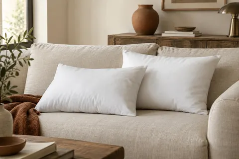 Deux inserts de coussin blancs rectangulaires posés sur un canapé en lin crème dans un intérieur lumineux.