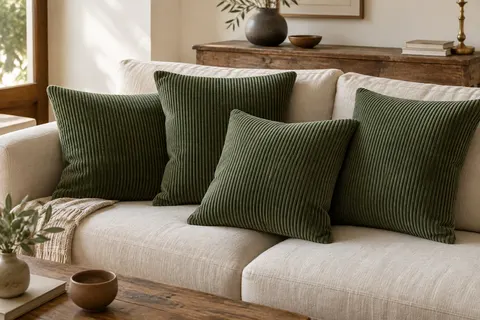 Quatre housses de coussin carrées vert forêt en velours côtelé, disposées sur un canapé crème.