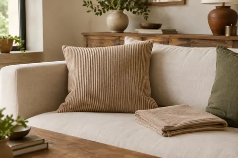 Deux housses de coussin beige en velours côtelé, l’une sur un canapé clair et l’autre pliée à côté.