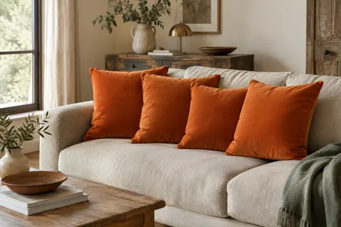 Quatre housses de coussin carrées en velours orange disposées sur un canapé en lin clair.