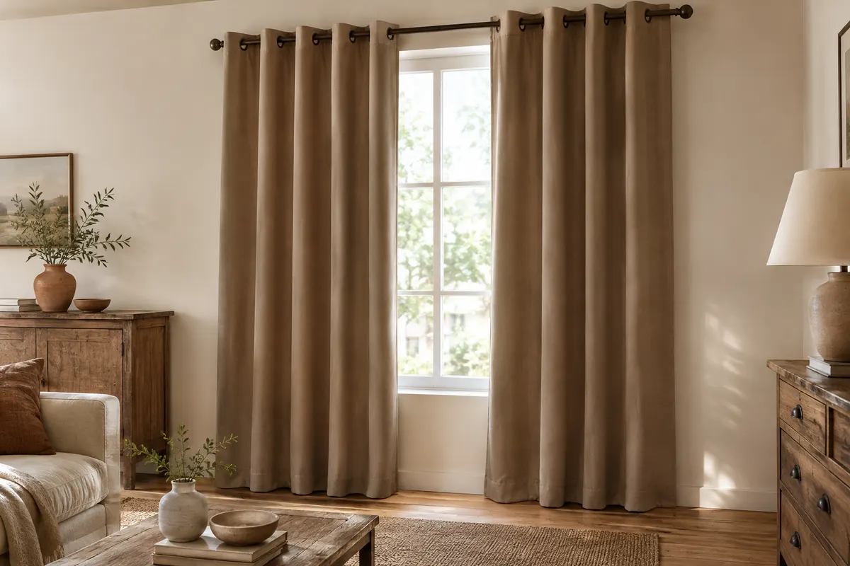 Paire de rideaux unis beige foncé à œillets installés devant une fenêtre dans un intérieur lumineux