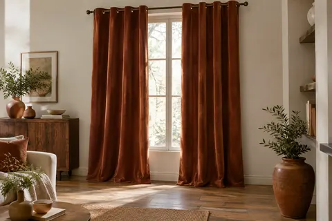 Deux rideaux en velours brun brique à œillets habillent une fenêtre dans un intérieur lumineux.