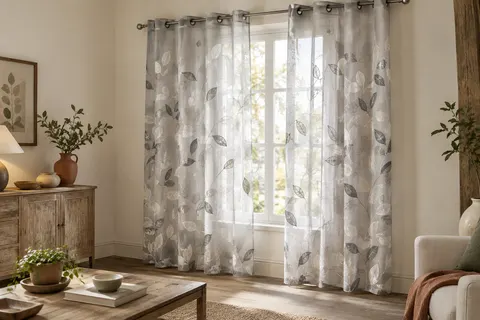 Deux voilages gris et blanc à feuilles brodées, suspendus à une fenêtre lumineuse