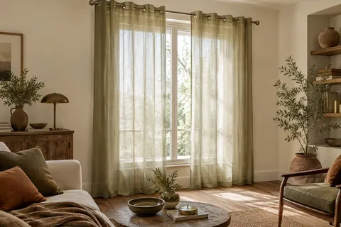 Deux voilages transparents kaki clair à œillets devant une fenêtre lumineuse dans un salon aux tons naturels.
