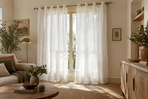 Paire de voilages blancs effet lin à œillets suspendus devant une fenêtre lumineuse de salon.