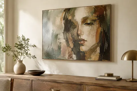 Toile MuchoWow représentant un portrait féminin abstrait, tendue sur un cadre en bois et présentée au mur