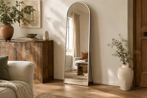 Miroir en pied arqué argenté posé contre un mur ivoire dans un intérieur lumineux et naturel.