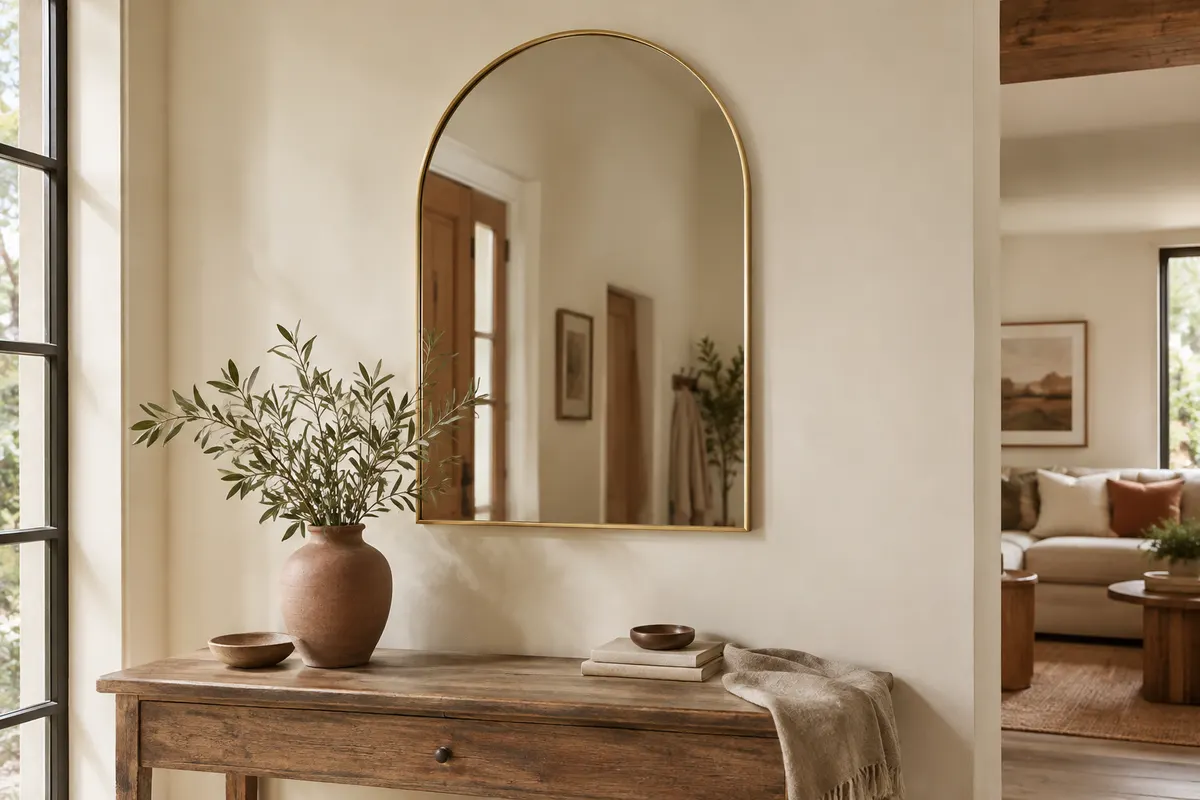 Miroir mural arqué à cadre doré brossé installé au-dessus d’une console en bois patiné