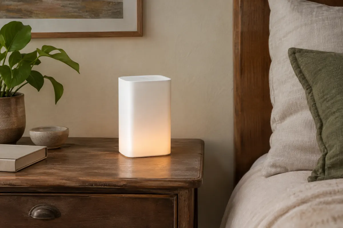 Petite lampe de chevet tactile blanche posée sur une table en bois dans une chambre claire.