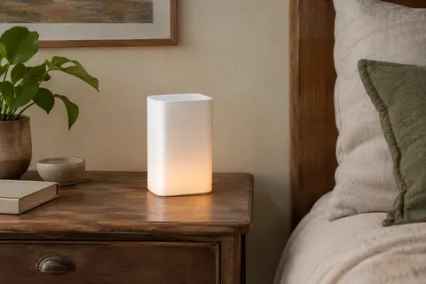 Petite lampe de chevet tactile blanche posée sur une table en bois dans une chambre claire.
