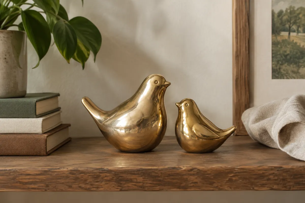 Deux figurines d’oiseaux en céramique dorée, de tailles différentes, posées sur une étagère en bois.