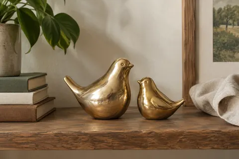 Deux figurines d’oiseaux en céramique dorée, de tailles différentes, posées sur une étagère en bois.