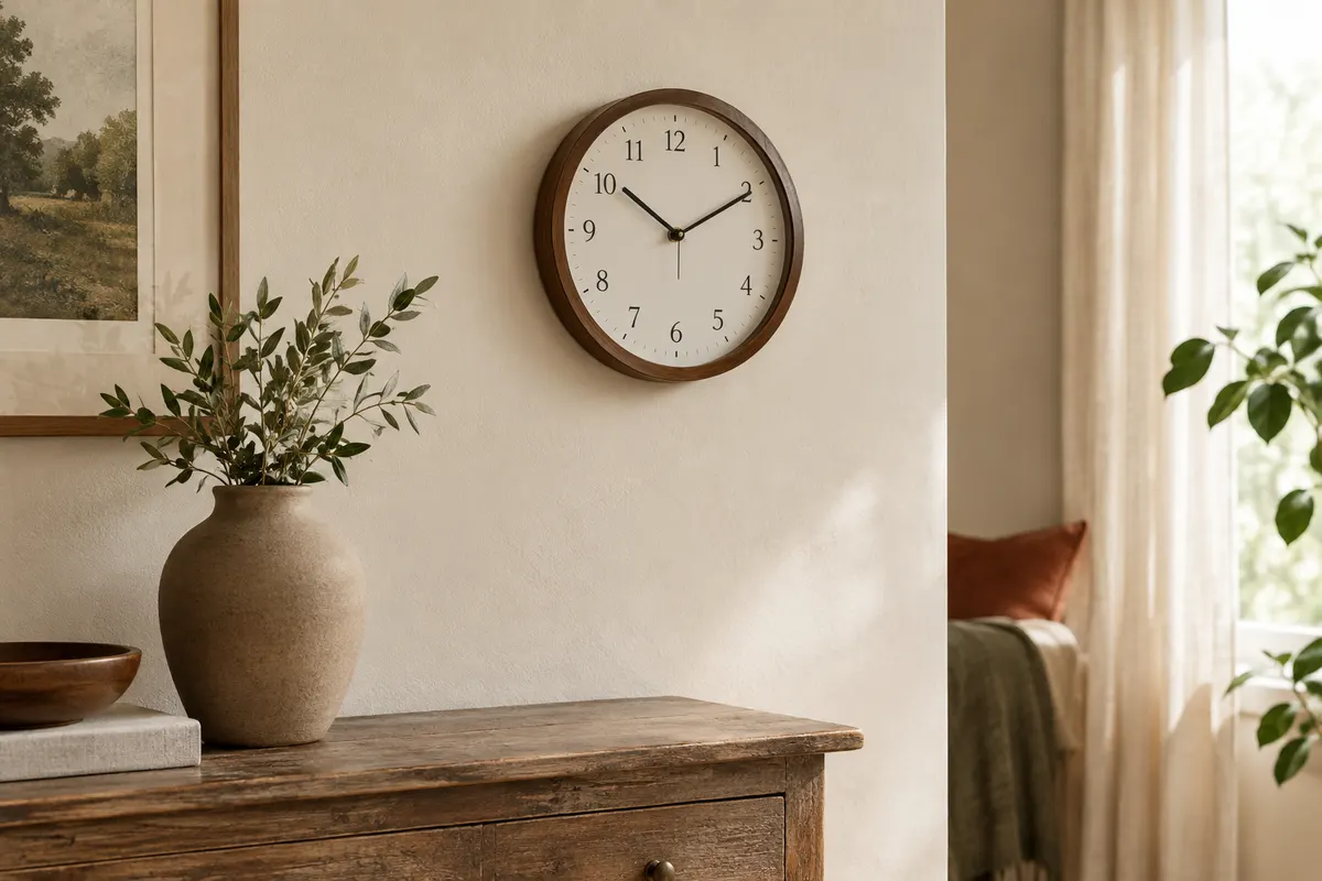 Horloge murale ronde au cadre effet bois brun et au cadran blanc à chiffres arabes noirs.
