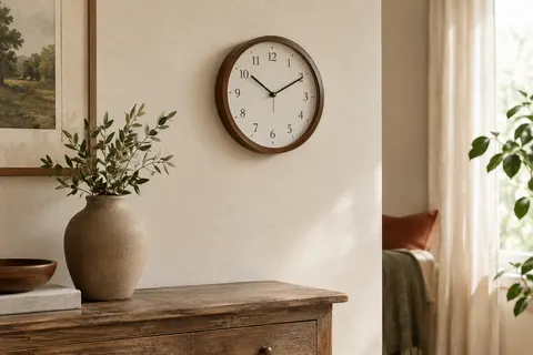 Horloge murale ronde au cadre effet bois brun et au cadran blanc à chiffres arabes noirs.