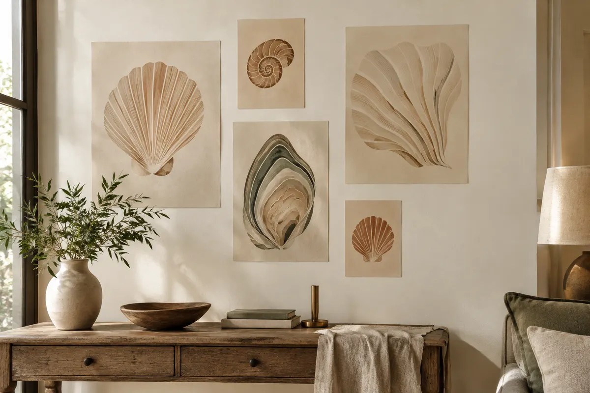 Six affiches beige aux motifs abstraits de coquillages disposées sur un mur ivoire près d’une console en bois.