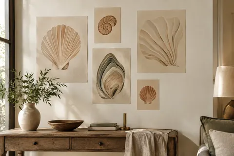 Six affiches beige aux motifs abstraits de coquillages disposées sur un mur ivoire près d’une console en bois.