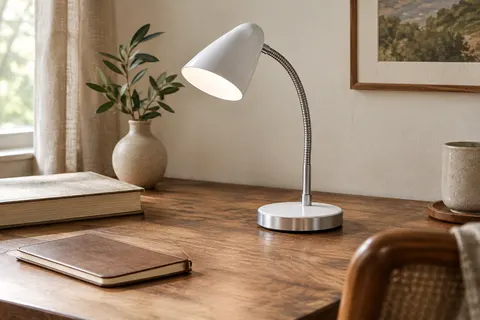 Lampe de bureau LED blanche et pliable posée sur un bureau en bois, avec son col flexible orienté vers un livre.