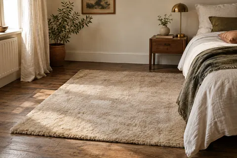 Tapis rectangulaire beige en fausse fourrure posé près d’un lit dans une chambre lumineuse.