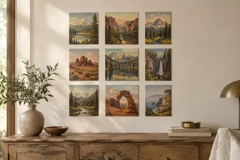 Neuf affiches vintage de parcs nationaux disposées en grille sur un mur ivoire au-dessus d’une console en bois