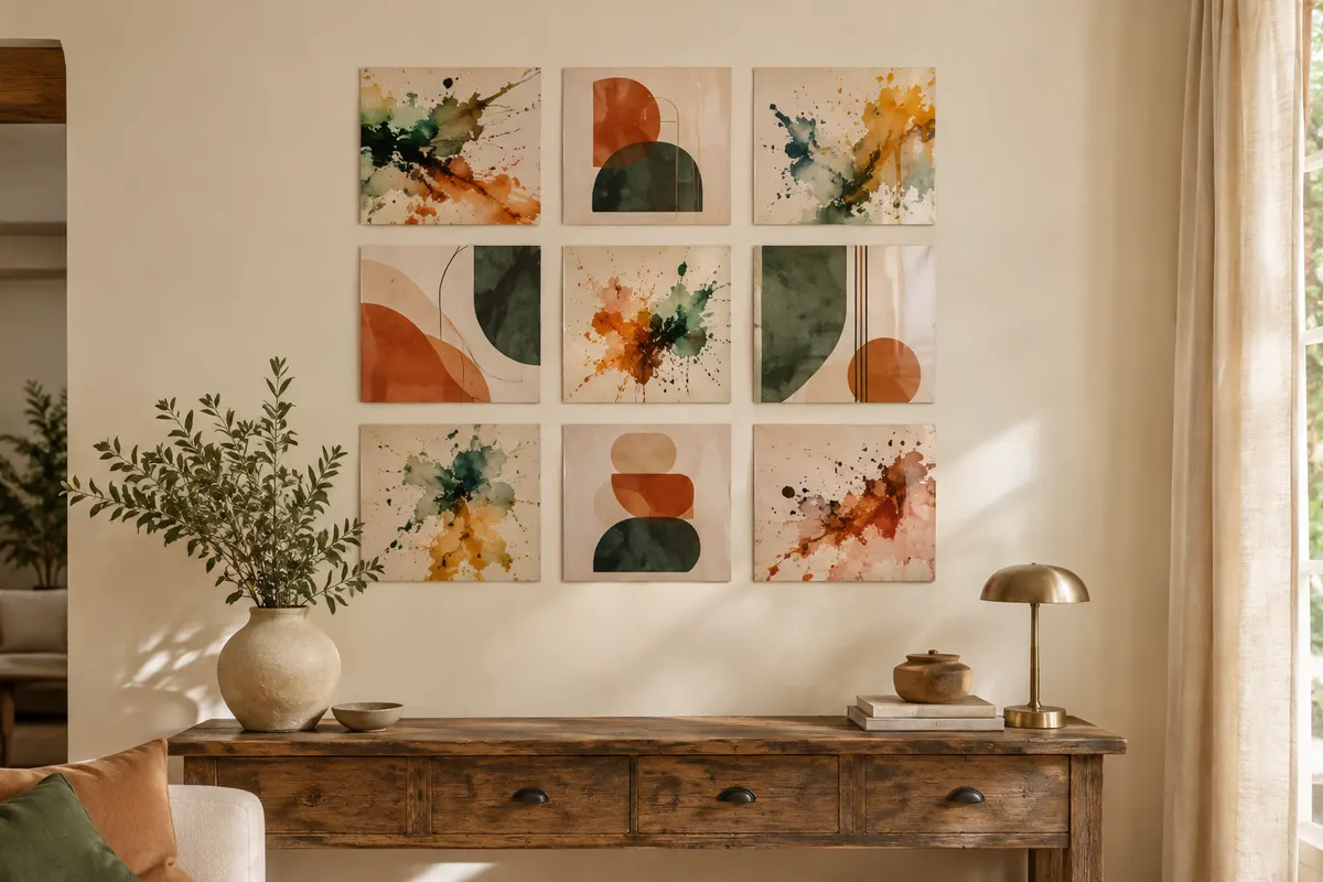 Neuf impressions murales abstraites multicolores en papier cartonné laminé, disposées sur un mur ivoire