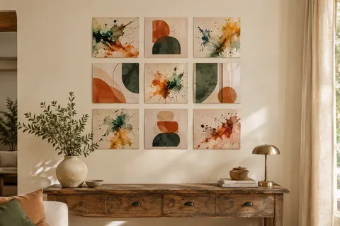 Neuf impressions murales abstraites multicolores en papier cartonné laminé, disposées sur un mur ivoire