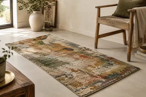 Tapis Paco Home à poils ras, motif abstrait multicolore, posé dans un intérieur clair près d’un fauteuil.