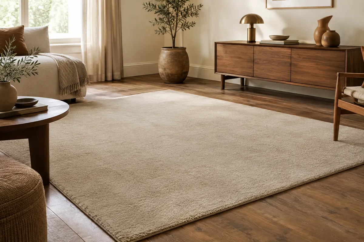 Tapis rectangulaire beige à poil court dans un salon lumineux aux matières naturelles