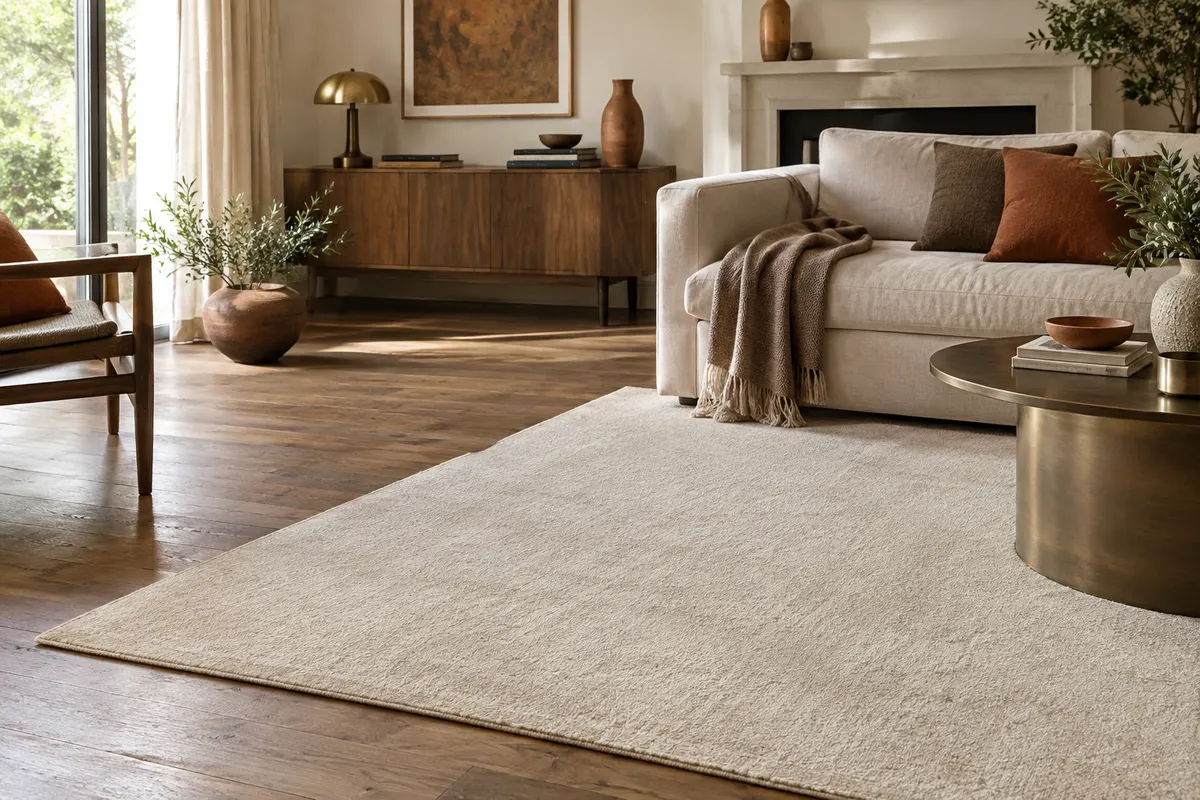 Tapis rectangulaire crème à poils ras dans un salon lumineux aux matières naturelles