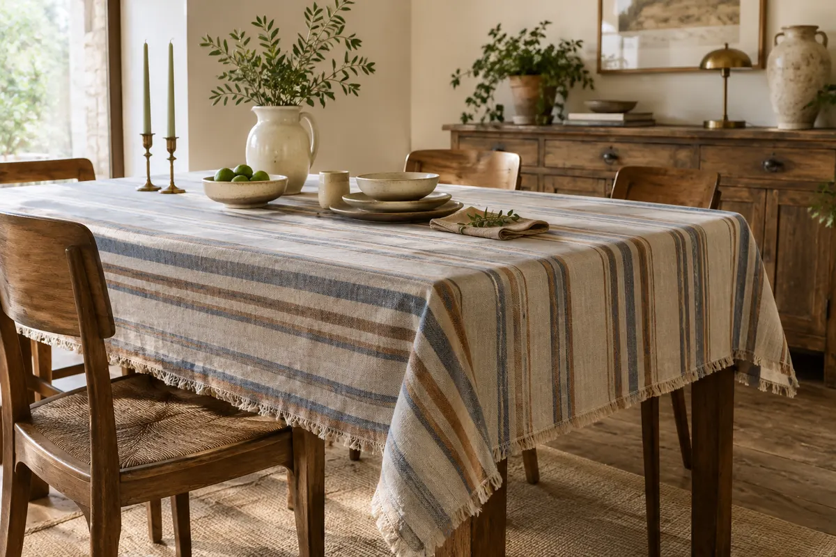 Nappe rectangulaire à rayures bleu café et franges beiges, dressée sur une table en bois patiné.