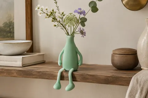 Petit vase Florino en silicone menthe, avec des membres flexibles et quelques tiges florales sur une étagère.