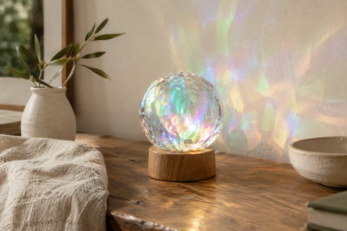 Lampe projecteur multicolore en sphère de cristal sur socle de bois, posée sur une table près d’un mur ivoire.