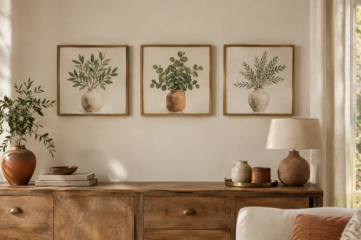 Trois tableaux carrés encadrés sur toile, avec des plantes en vase, accrochés sur un mur ivoire.