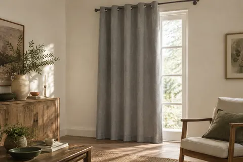 Panneau de rideau occultant gris uni en polyester à œillets devant une fenêtre dans un intérieur clair.