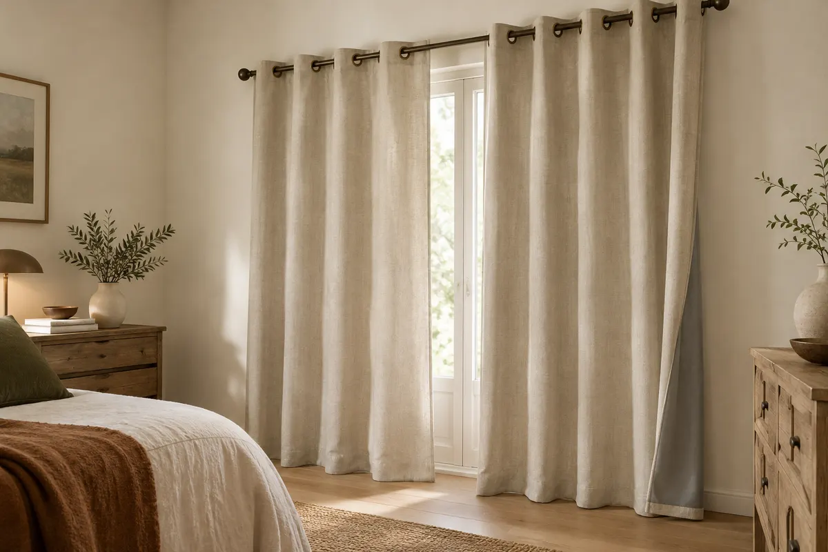 Deux rideaux occultants effet lin à œillets bronze, suspendus devant une fenêtre dans une chambre claire.