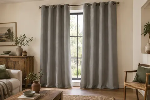 Paire de rideaux gris unis à œillets installée devant une fenêtre dans un intérieur aux murs ivoire et au mobilier en bois.