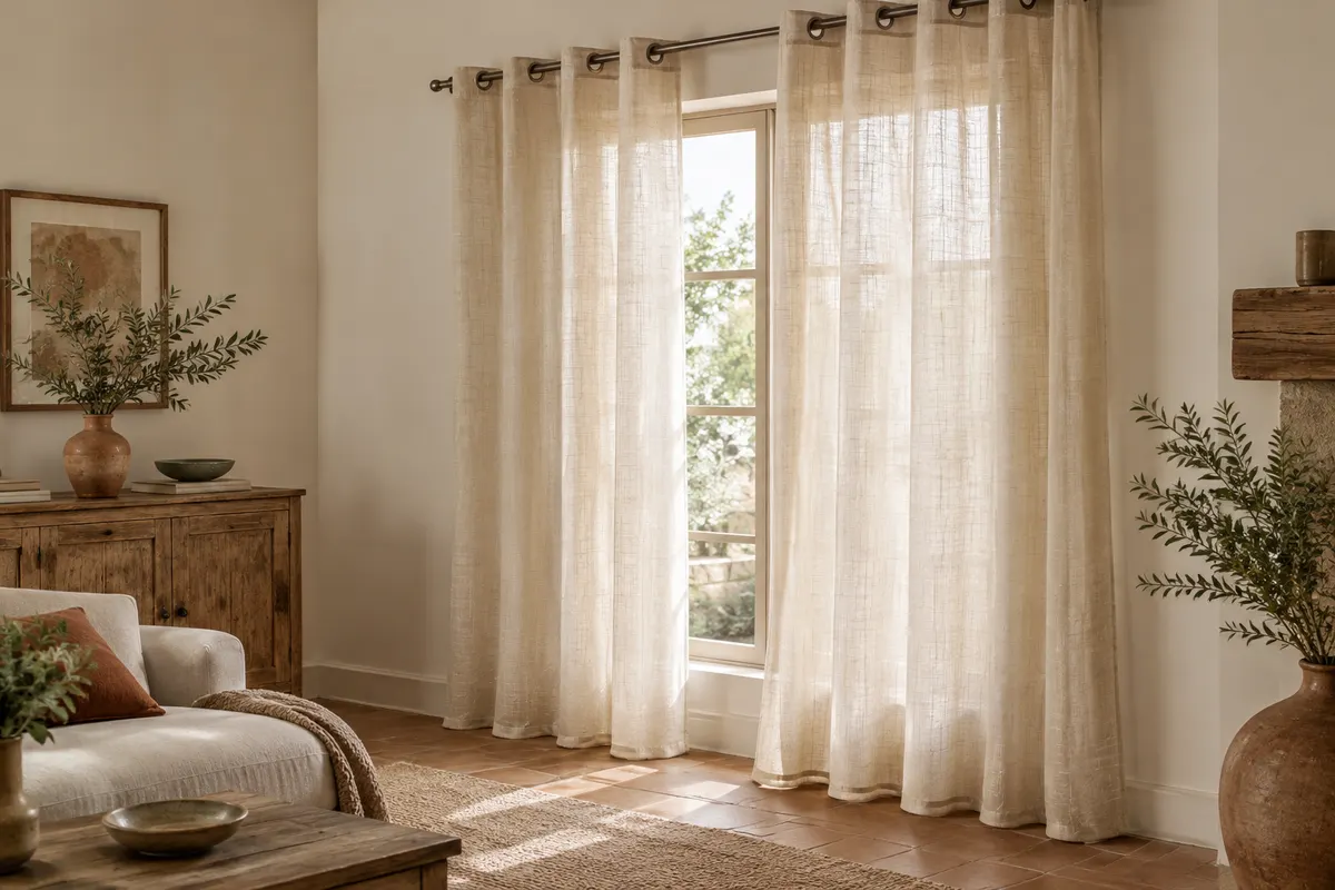 Deux rideaux beige clair à l’aspect lin filtrent la lumière devant une fenêtre dans un intérieur naturel.
