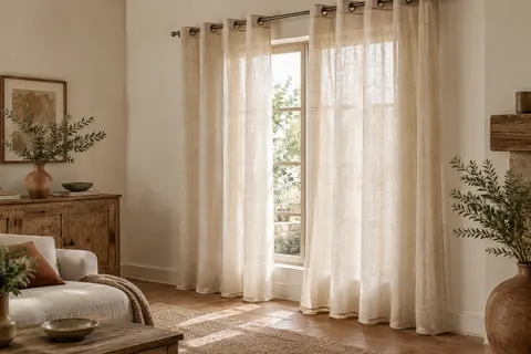 Deux rideaux beige clair à l’aspect lin filtrent la lumière devant une fenêtre dans un intérieur naturel.