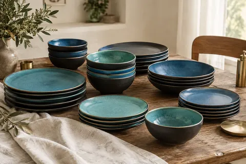 Service de table rond turquoise et noir mat composé d’assiettes et de bols sur une table en bois.