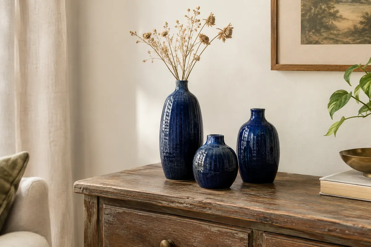 Trois vases en céramique bleu marine de hauteurs différentes posés sur une console en bois