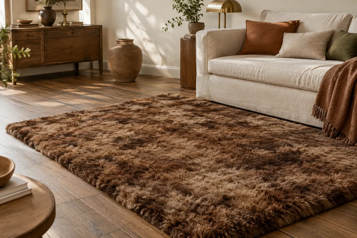 Tapis rectangulaire marron à poils longs posé sur un parquet dans un salon clair