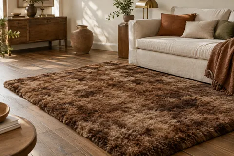 Tapis rectangulaire marron à poils longs posé sur un parquet dans un salon clair