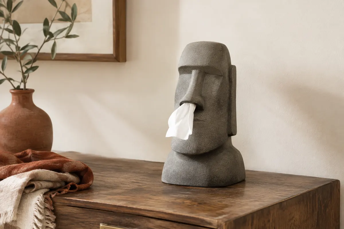 Distributeur de mouchoirs gris en forme de tête Moai posé sur une console en bois.