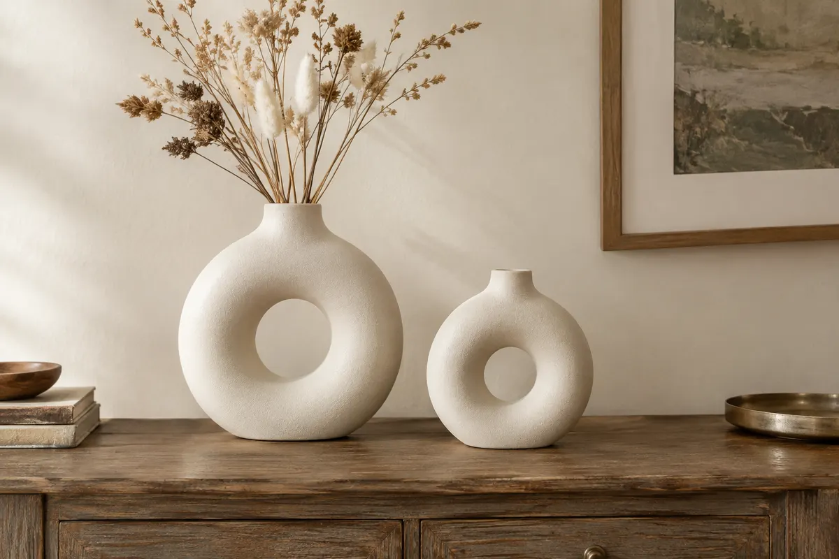 Deux vases ronds en céramique blanche, au centre évidé, posés sur une console en bois.