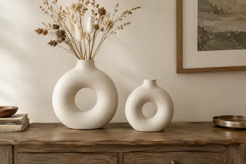 Deux vases ronds en céramique blanche, au centre évidé, posés sur une console en bois.
