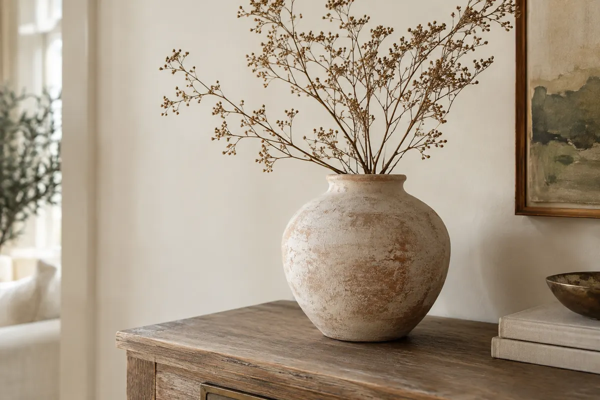Vase rustique en céramique terre cuite blanchie à la chaux posé sur une console en bois