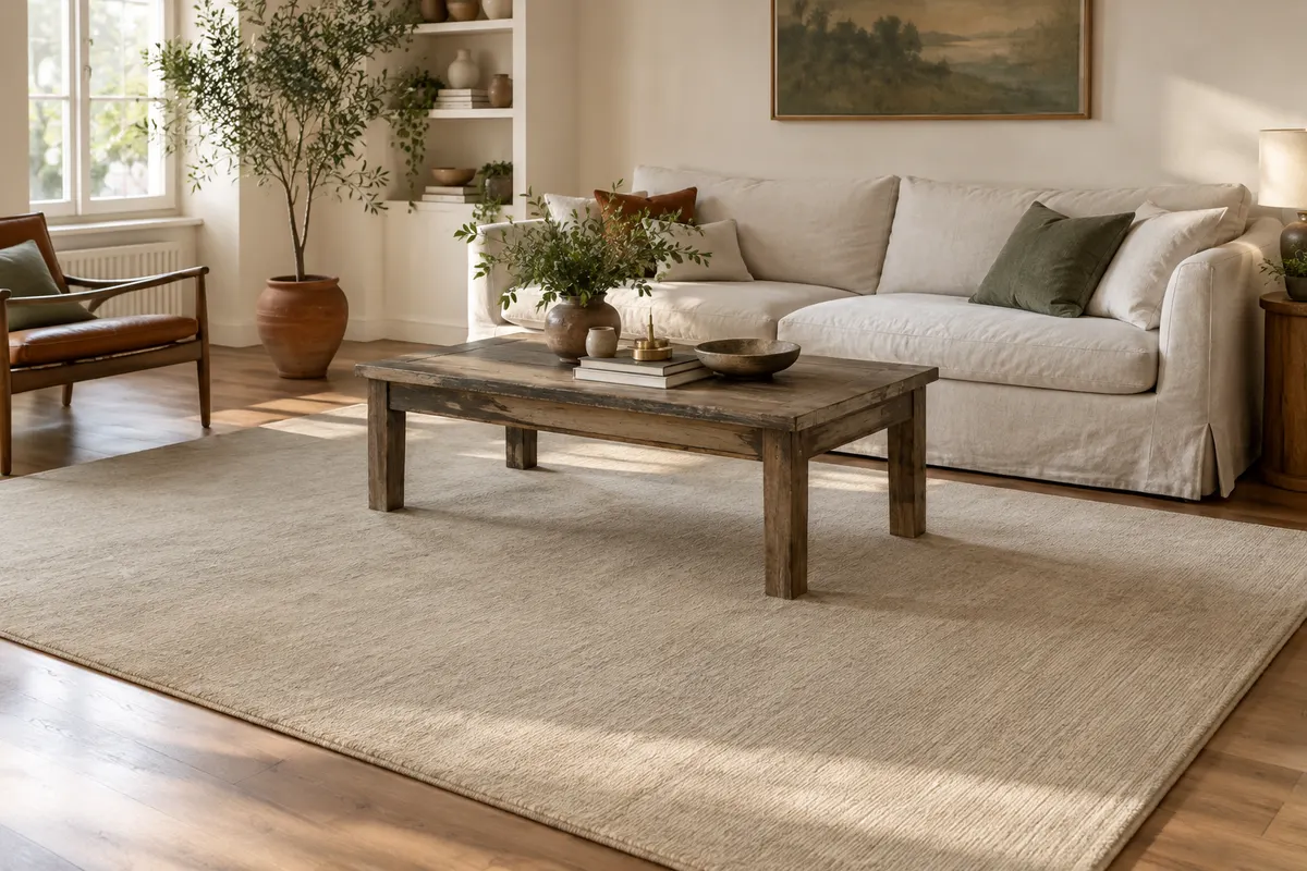Tapis rectangulaire beige à poils courts installé dans un salon lumineux aux matières naturelles.