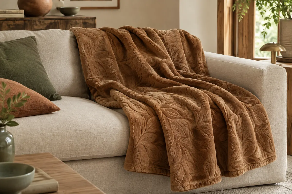 Plaid polaire caramel à motif de feuilles texturé, posé sur un canapé en lin dans un intérieur lumineux.