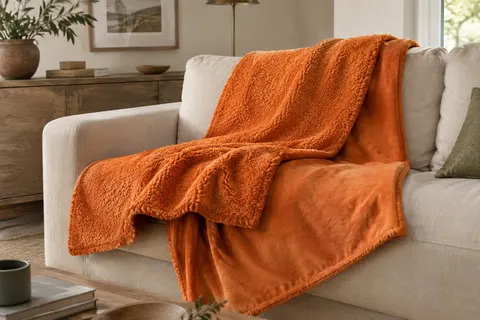 Plaid orange réversible en sherpa et polaire flanelle posé sur un canapé crème