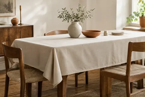 Nappe rectangulaire unie couleur lin sur une table en bois patiné dans une salle à manger lumineuse